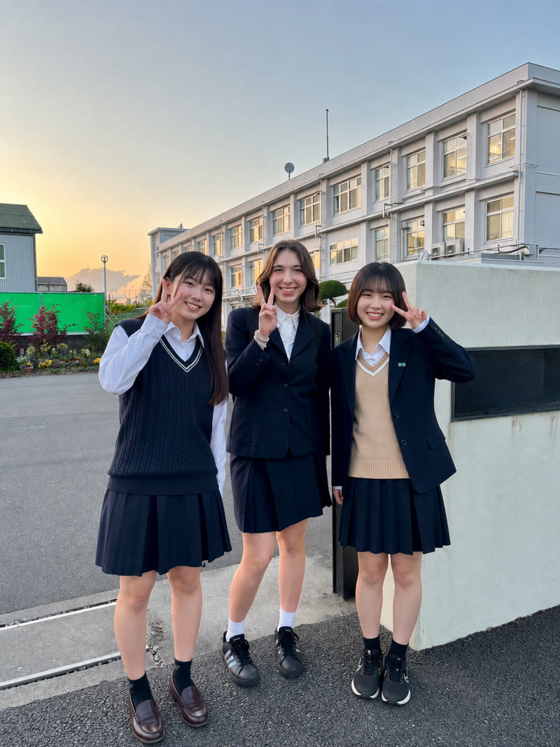 日本の制服を着て学校で過ごす留学生と日本人の友人たち